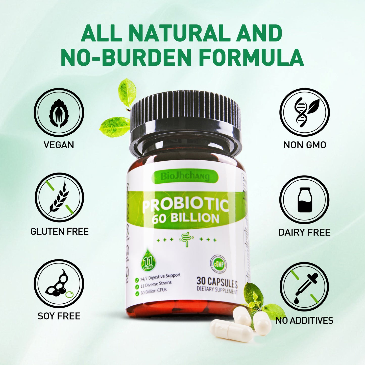 Probiotics 60 Billion CFUs, 11 Diverse Strains Natural Prebiotics for Immune, Digestive and Gut Health Supports Occasional Constipation Diarrhea Gas & Bloating for Women & Men 30 Count