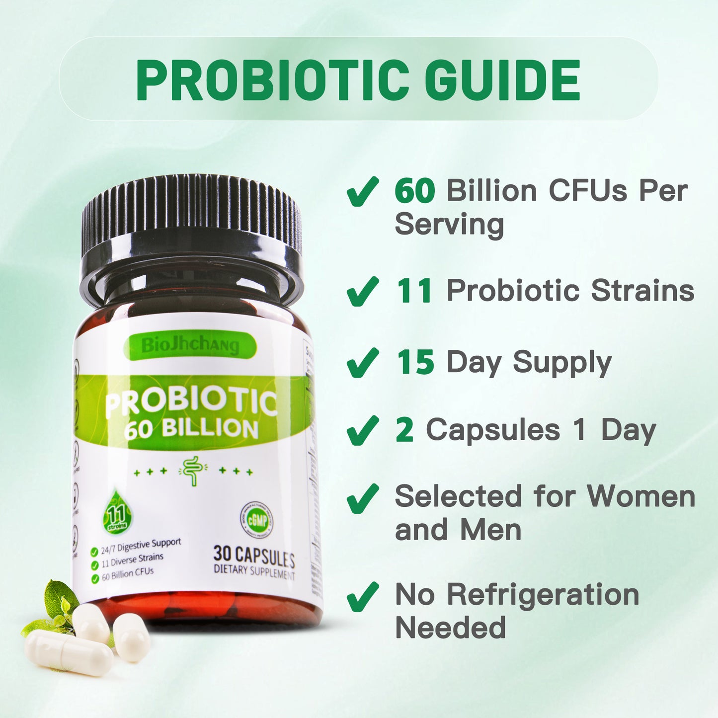 Probiotics 60 Billion CFUs, 11 Diverse Strains Natural Prebiotics for Immune, Digestive and Gut Health Supports Occasional Constipation Diarrhea Gas & Bloating for Women & Men 30 Count