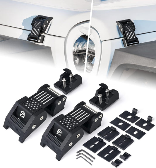 GOCPB Aluminum Hood Latches with U.S. Flag, Adjustable Hood Latch Catches Kit Compatible with Jeep Wrangler JK JKU 2007-2018 & Jeep Wrangler JL JLU 2018-2021 Gladiator JT