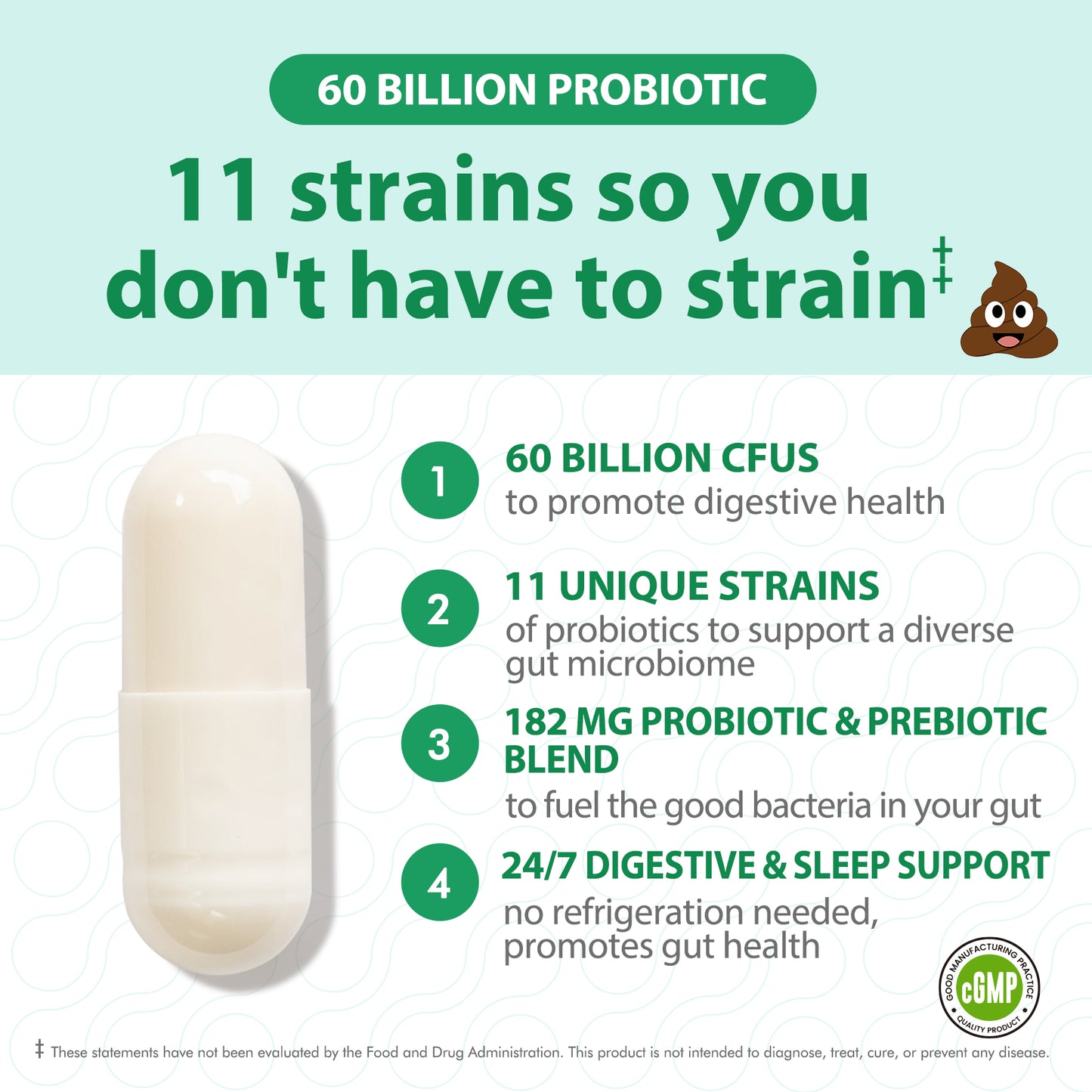 Probiotics 60 Billion CFUs, 11 Diverse Strains Natural Prebiotics for Immune, Digestive and Gut Health Supports Occasional Constipation Diarrhea Gas & Bloating for Women & Men 60 Count
