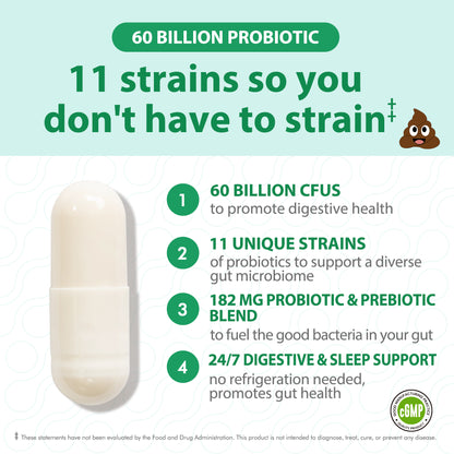 Probiotics 60 Billion CFUs, 11 Diverse Strains Natural Prebiotics for Immune, Digestive and Gut Health Supports Occasional Constipation Diarrhea Gas & Bloating for Women & Men 60 Count