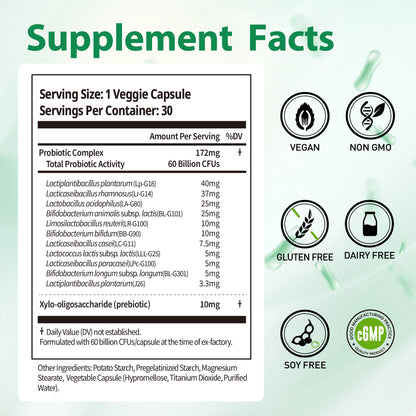 Probiotics 60 Billion CFUs, 11 Diverse Strains Natural Prebiotics for Immune, Digestive and Gut Health Supports Occasional Constipation Diarrhea Gas & Bloating for Women & Men 30 Count