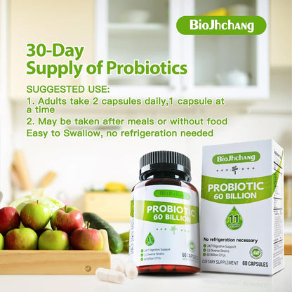 Probiotics 60 Billion CFUs, 11 Diverse Strains Natural Prebiotics for Immune, Digestive and Gut Health Supports Occasional Constipation Diarrhea Gas & Bloating for Women & Men 60 Count